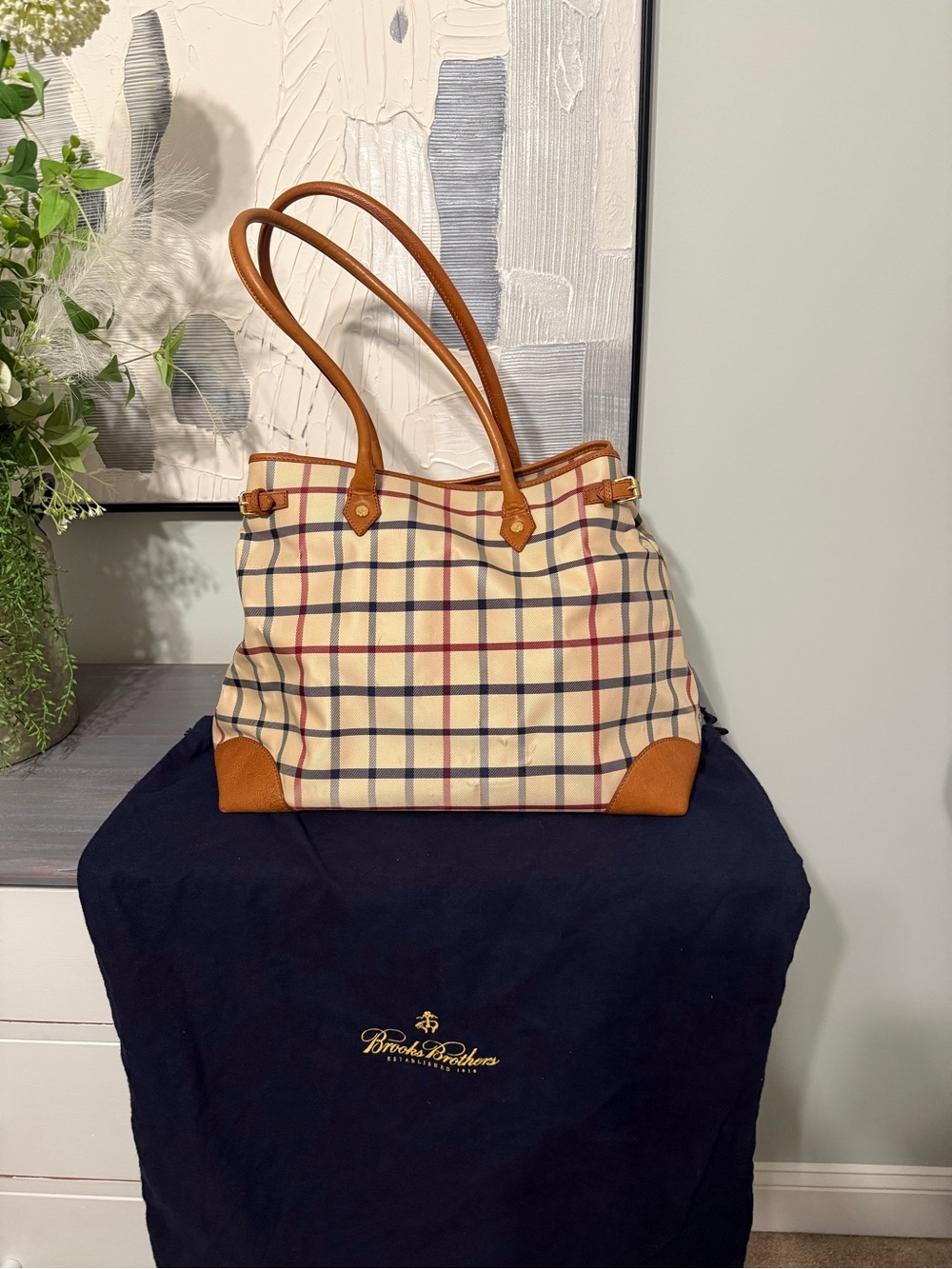Brooks Brothers Cream Plaid Tote with Brown Leather Trim